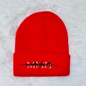 Custom Red Beanie from small business “MindMyHustle”.